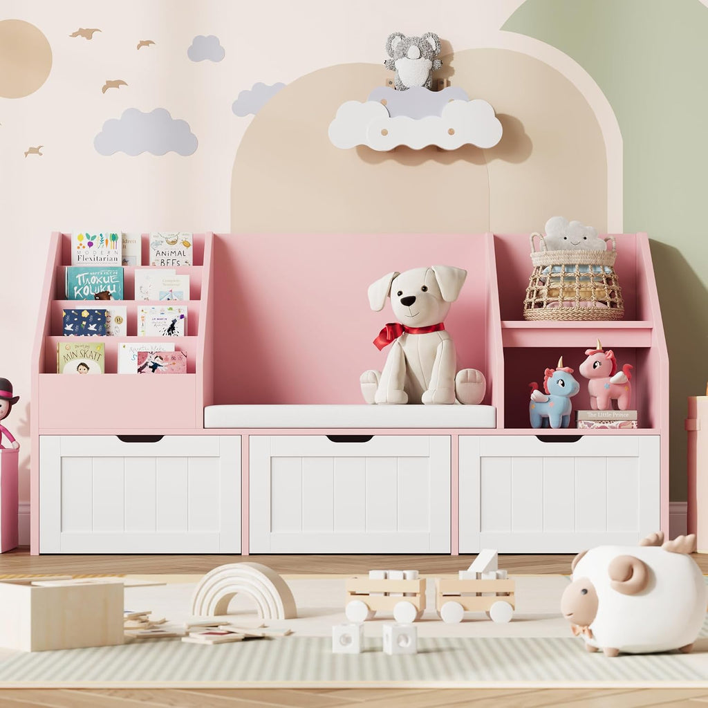 FOTOSOK 55.1'' Kids Bookshelf with Reading Nook, Toy Storage Organizer with Seat Cushion and 3 Movable Drawers, Kids Reading Nook Toy Organizers and Storage with Bench for Playroom, Bedroom, Pink