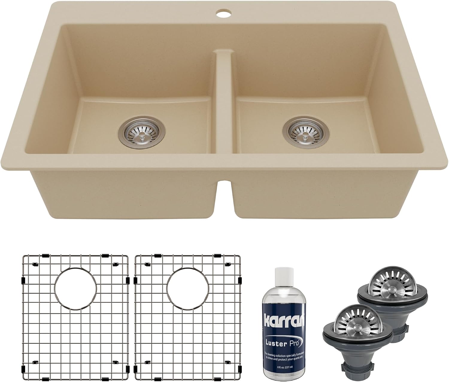 Karran QT-810 33' Top Mount Double Equal Bowl Quartz Kitchen Sink Kit in Bisque