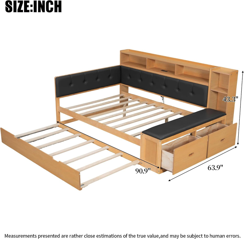 SOFTSEA Full Size Daybed with Trundle, Storage & Charging Station, Wooden Corner Daybed Frame with Upholstered Headboard & Bench for Bedroom or Apartment, No Box Spring Needed, Natural