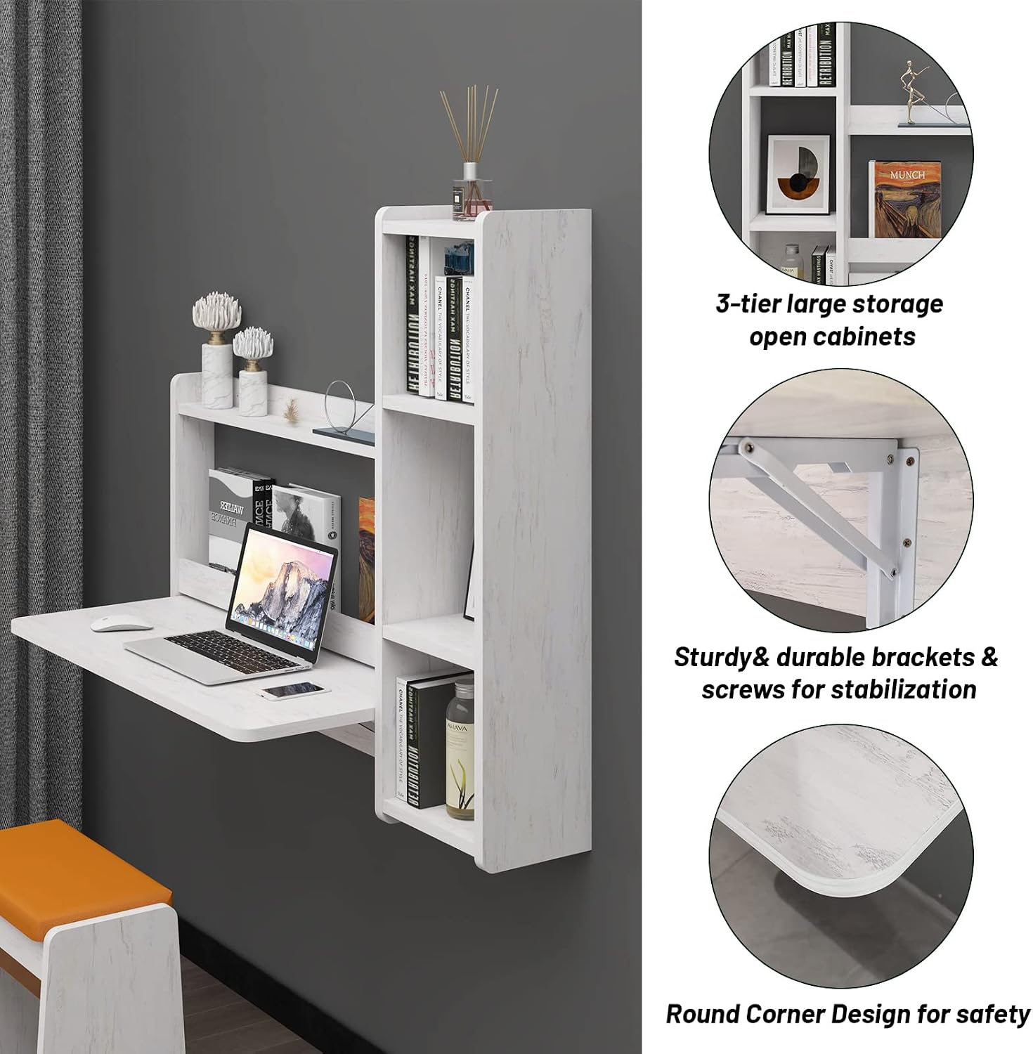 Pmnianhua Floating Desk,41'' Wall Mounted Desk,Fold Down Laptop Desk,Folding Workstation,Space Saving Table with Storage for Bedroom Study Room Small Space (Off White-Left)