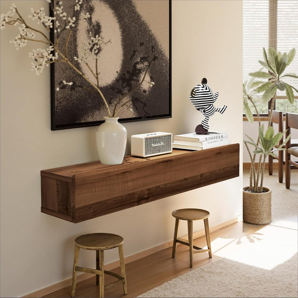 Floating Solid Wood Console Table, 47'' Wall Mounted Narrow Entryway Table with Storage Shelf, Modern Couch Shelves Small Entry Way Tables for Entryway, Front Hall, Hallway (Walnut, 47.24IN)