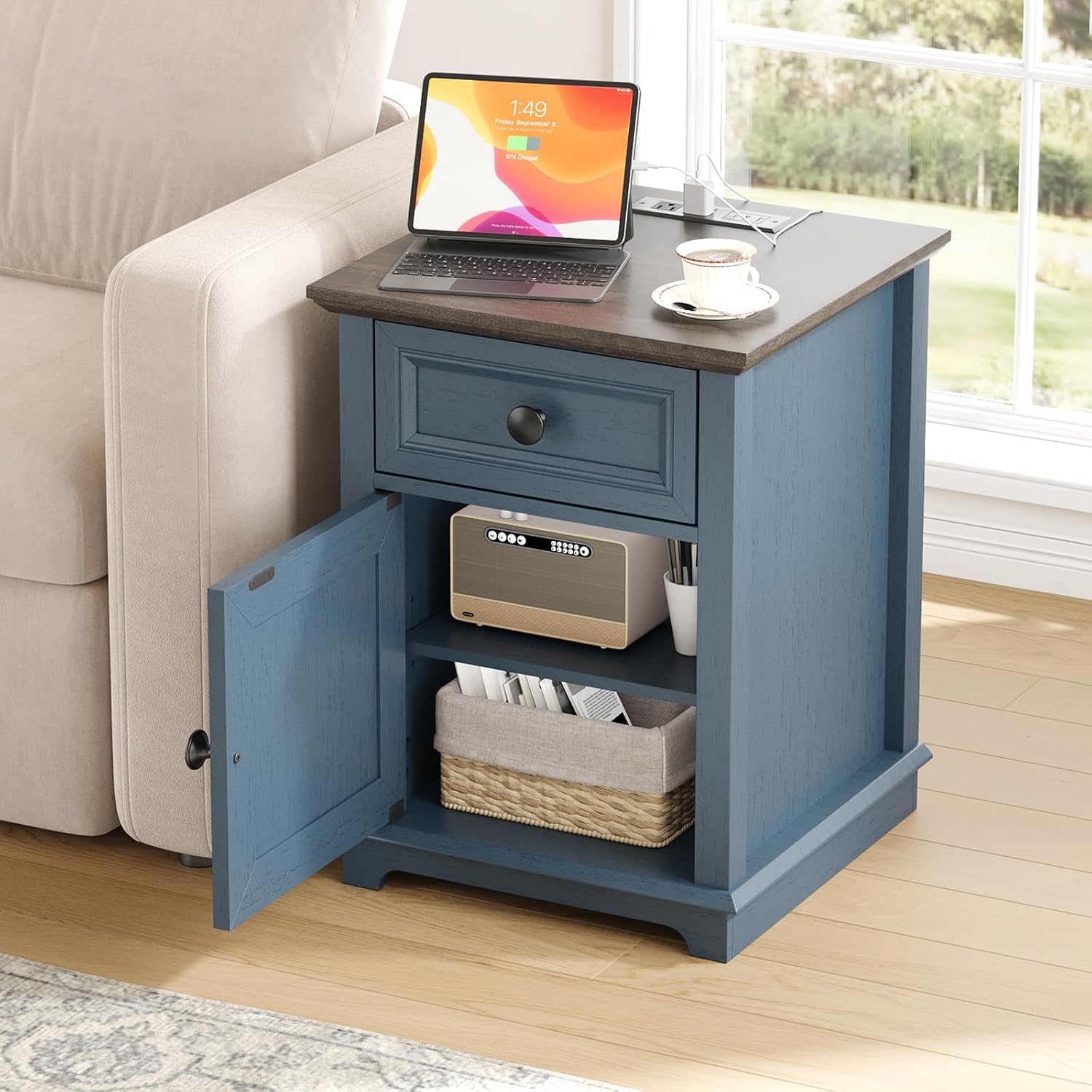 REDAYFUR 24' Tall End Table with Fast Charging Station, Square Side Table with Drawer & Large Storage Cabinet, Vintage Wooden Table for Living Room/Bedroom, Blue