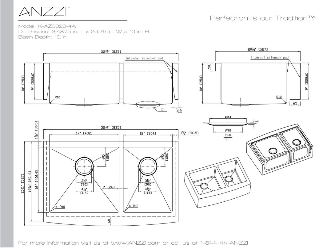 ANZZI Elysian 33' Farmhouse Stainless Steel 60/40 Double Bowl Kitchen Sink in Brushed Satin with Strainer, 18 Gauge Large Dual Deep Soak Basin Commercial Utility Prep Work Station, K-AZ3320-4A