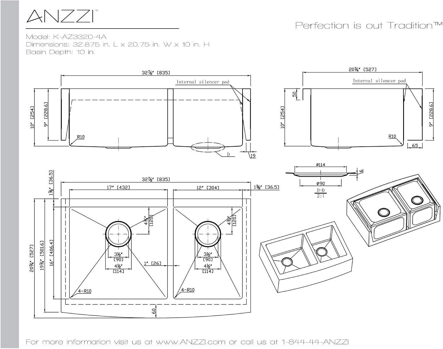 ANZZI Elysian 33' Farmhouse Stainless Steel 60/40 Double Bowl Kitchen Sink in Brushed Satin with Strainer, 18 Gauge Large Dual Deep Soak Basin Commercial Utility Prep Work Station, K-AZ3320-4A