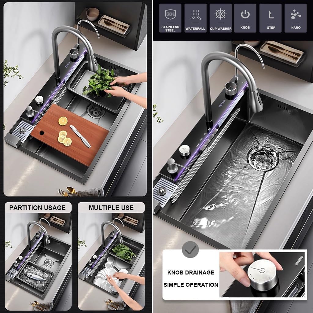 Stainless Steel Single Bowl Kitchen Workstation Sink Multi-Functional Bar Sink Waterfall Pull-Down Faucet and Complete Accessory Set (Black 75x45x21cm)