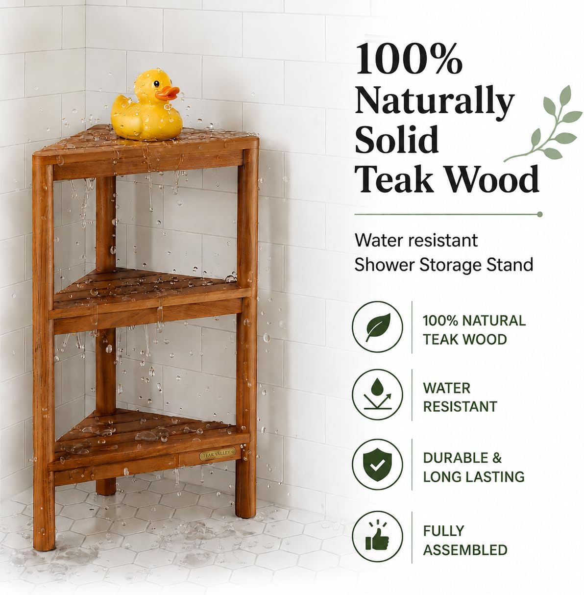Fully Assembled Teak Corner Bath Shower Storage Stand, Corner Shelves, Shower Caddy 26.5'