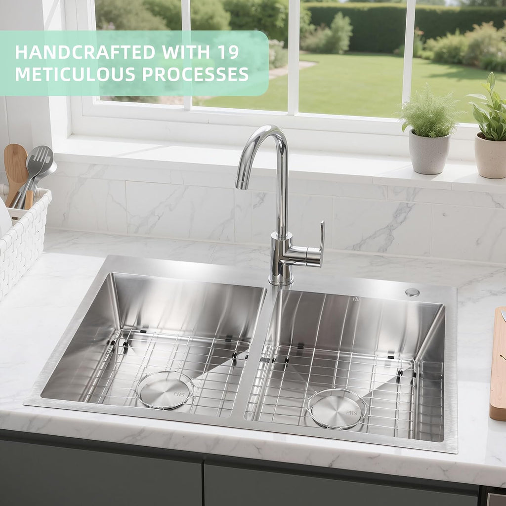 PHS 33 Inch Drop In Double Bowl Kitchen Sink 50/50-16 Gauge Stainless Steel Overmount Kitchen Sink 33x22 with Accessories, 9 Inch Deep Sinks with Brushed Finish