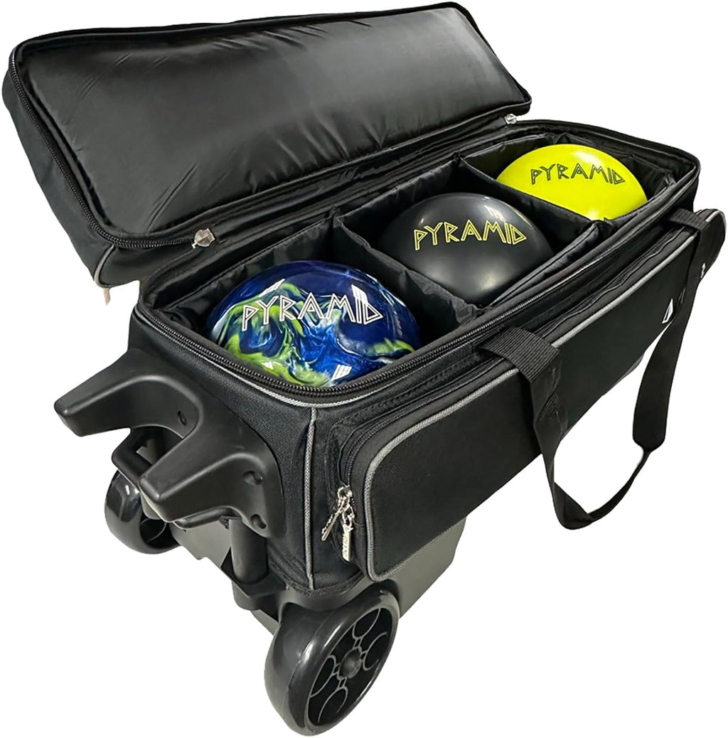 Pyramid Prime Triple Roller 3-Ball Bowling Bag with Extra Large Shoe Compartment (Fits Two Pairs of US Mens Size 15), Retractable Locking Handle (Extends to 41.5'), 1 Large Accessory Pocket, 5' Wheels