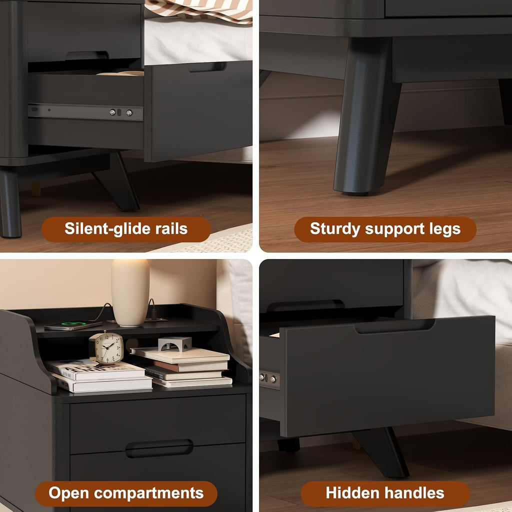 Nightstand with Charging Station, 21' Tall Nightstand w/2 Storage Drawers, Wood Night Stand with Hidden Handle, 17'' Wide Modern Bedside Table for Bedroom Dorm Home Office (Black)