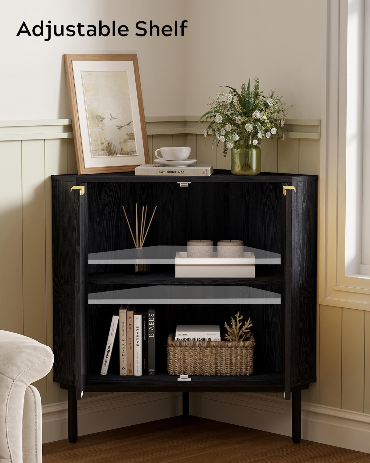 Modern Fluted Corner Cabinet, Small Floor Storage Cabinet with Adjustable Shelf & Metal Legs, Wooden Freestanding Narrow Organizer for Living Room Kitchen, Black