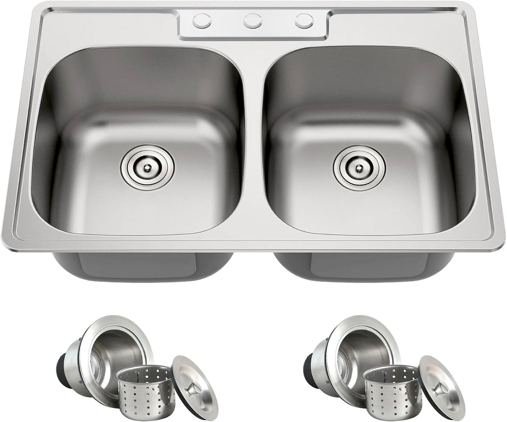 33x22 Drop In Double Bowl Kitchen Sink 33 Inch 50/50 Topmount 18 Gauge Stainless Steel Commercial Grade Satin Finish Sinks with Basket Strainer 33' x 22' x 9'