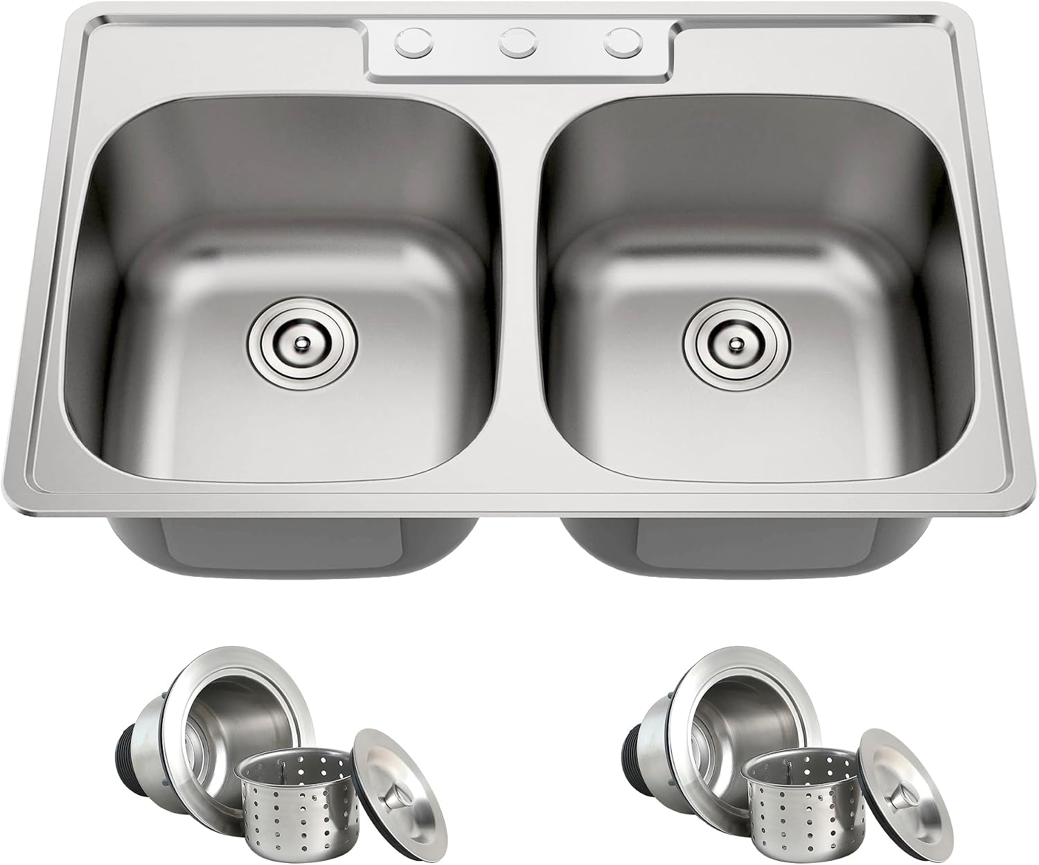 33x22 Drop In Double Bowl Kitchen Sink 33 Inch 50/50 Topmount 18 Gauge Stainless Steel Commercial Grade Satin Finish Sinks with Basket Strainer 33' x 22' x 9'