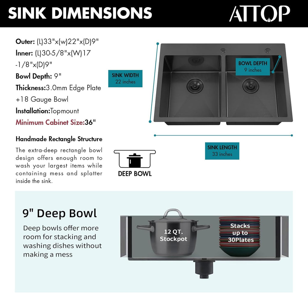 ATTOP 33 Inch Black Drop in Double Bowls Kitchen Sink,33x22 Inch Nano Black Handmade Stainless Steel Double Drop in Kitchen Sink