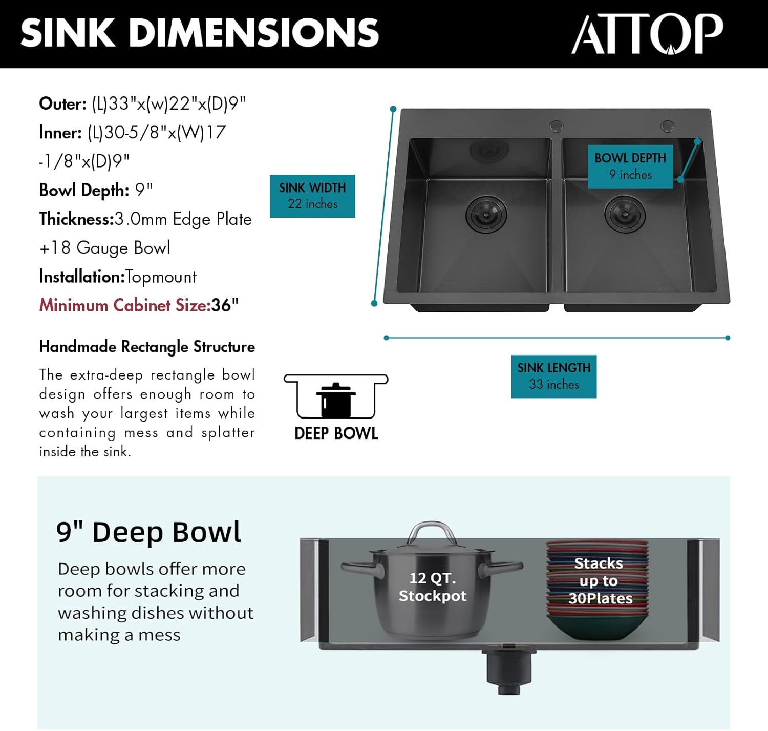ATTOP 33 Inch Black Drop in Double Bowls Kitchen Sink,33x22 Inch Nano Black Handmade Stainless Steel Double Drop in Kitchen Sink