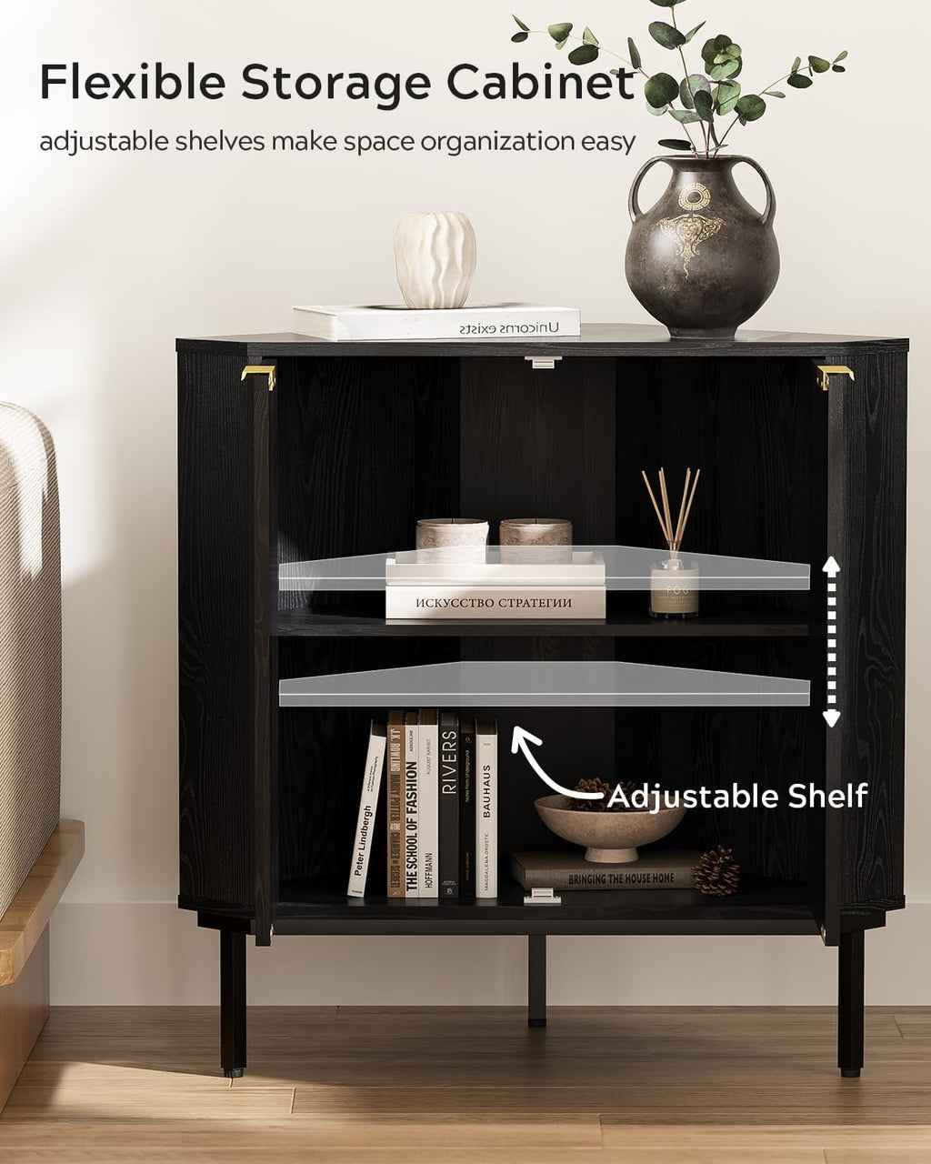 EYYTHUNG Fluted Corner Cabinet, Modern Small Corner Floor Cabinet with 2 Doors and 2-Tier Shelves, Freestanding Narrow Organizer for Living Room Kitchen Bathroom, Black