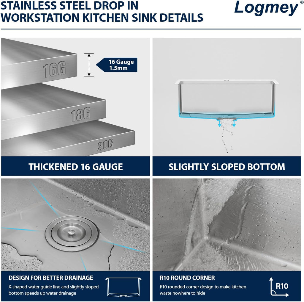25x22 Drop in Kitchen Sink 25x22x9 Inch Workstation Stainless Steel Sinks 16 Gauge Topmount Single Bowl Kitchen Bar Sink Bowl