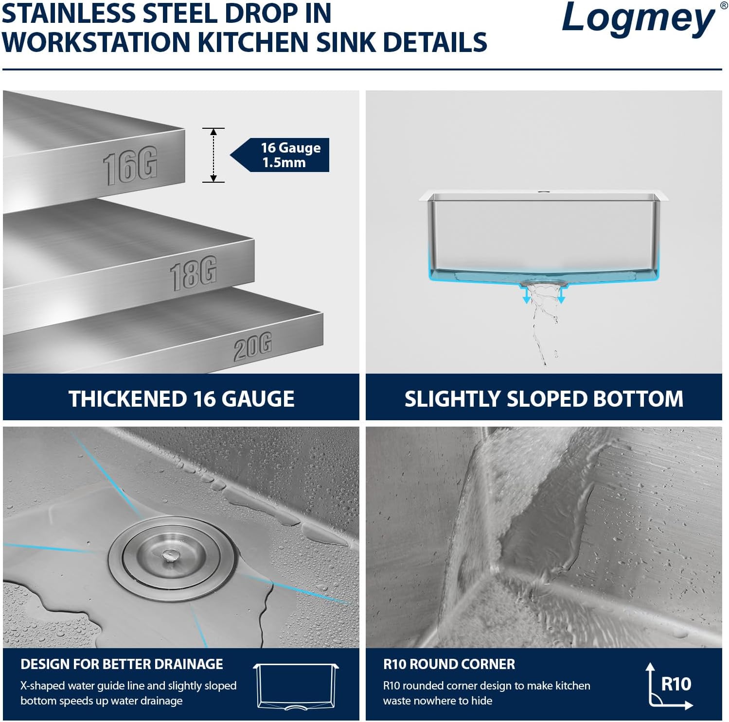 25x22 Drop in Kitchen Sink 25x22x9 Inch Workstation Stainless Steel Sinks 16 Gauge Topmount Single Bowl Kitchen Bar Sink Bowl