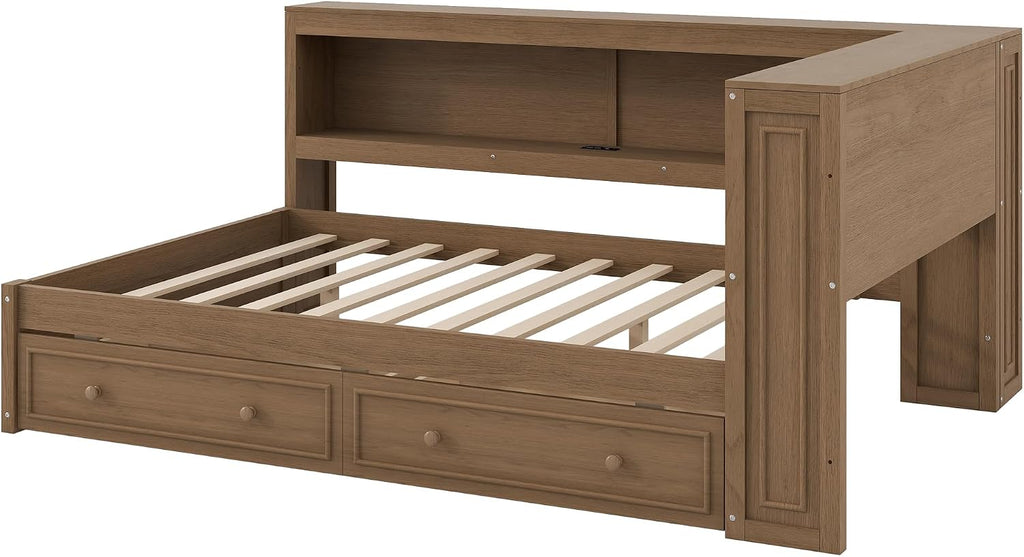 Merax Full Size Daybed Frame with 2 Drawers for Kids, Daybed Full Size with Storage Shelves and Headboard, Wood Corner Bed with USB Ports and LED for Living Room, Antique Wood