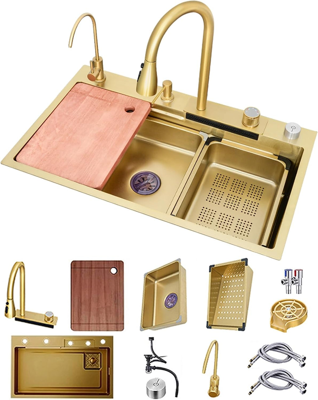 Waterfall Kitchen Sink Workstation Nanometer Waterfall Topmount Sink Stainless Steel Bar Sink Multifunction Single Bowl Kitchen Sink with Faucet Combo & Dra(Gold-75x45x22cm