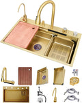 Waterfall Kitchen Sink Workstation Nanometer Waterfall Topmount Sink Stainless Steel Bar Sink Multifunction Single Bowl Kitchen Sink with Faucet Combo & Dra(Gold-75x45x22cm