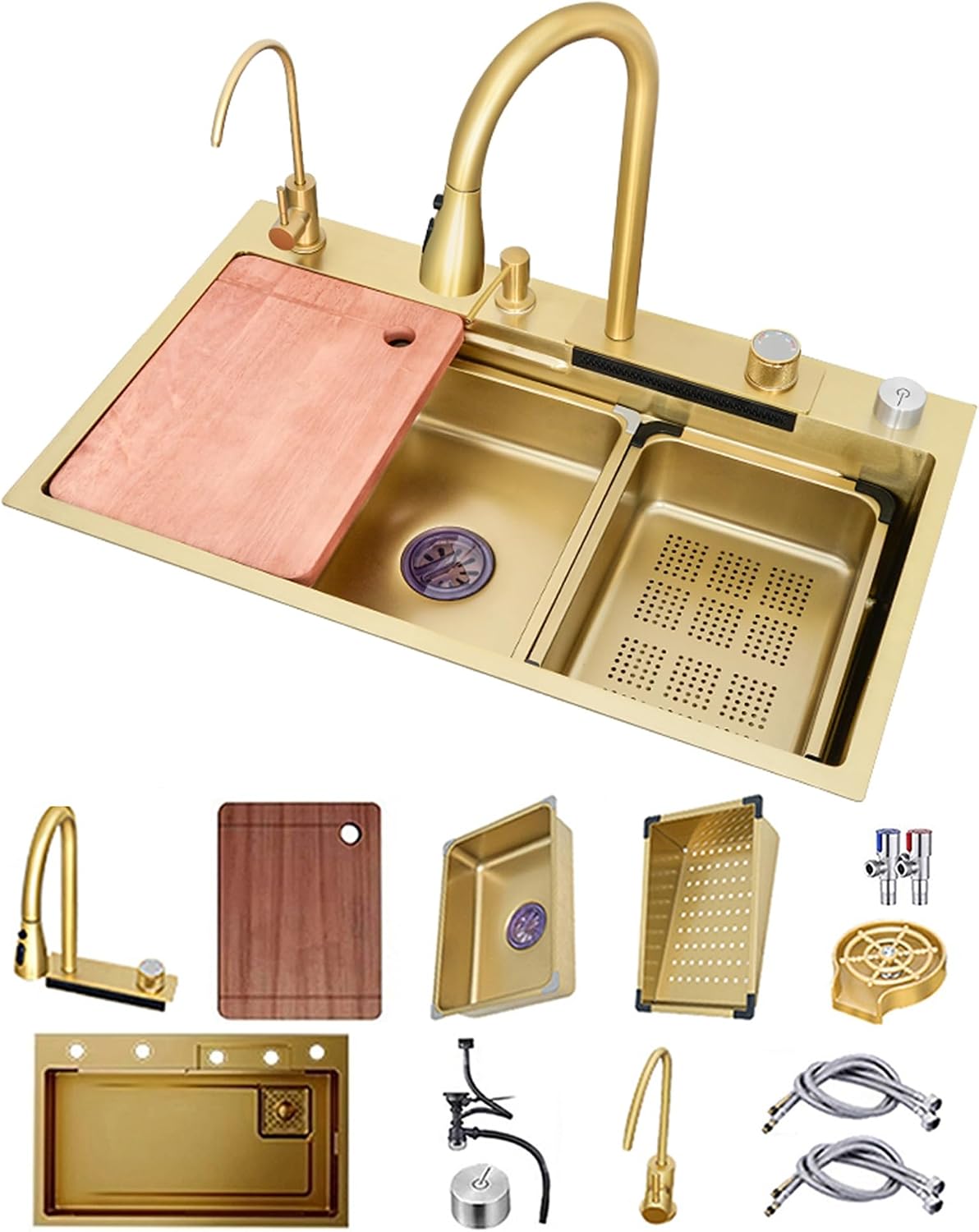 Waterfall Kitchen Sink Workstation Nanometer Waterfall Topmount Sink Stainless Steel Bar Sink Multifunction Single Bowl Kitchen Sink with Faucet Combo & Dra(Gold-75x45x22cm