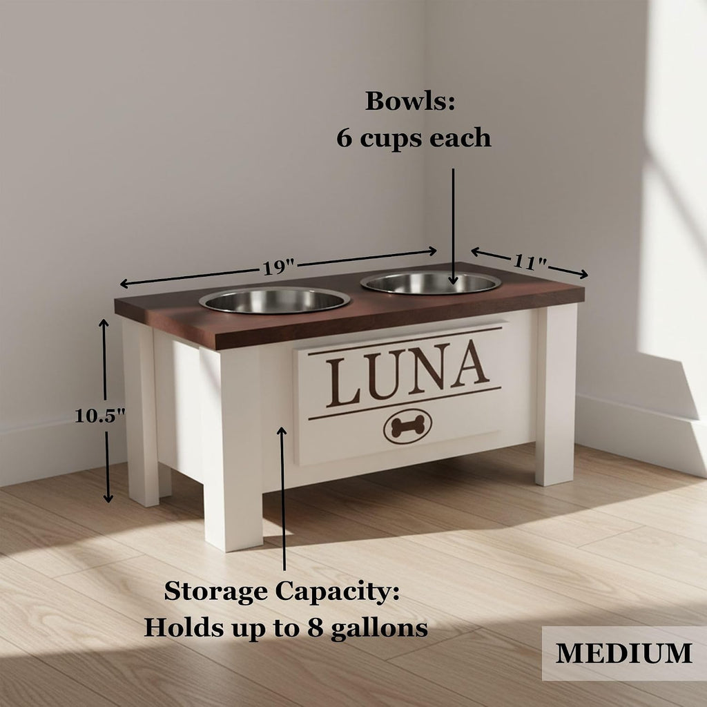 GTW Personalized Elevated Dog Bowl Stand for Large, Medium, Small, X-Small Dogs - Stainless Steel Food and Water Bowls - Raised Dog Dish with Internal Storage (Medium, Dark Walnut)
