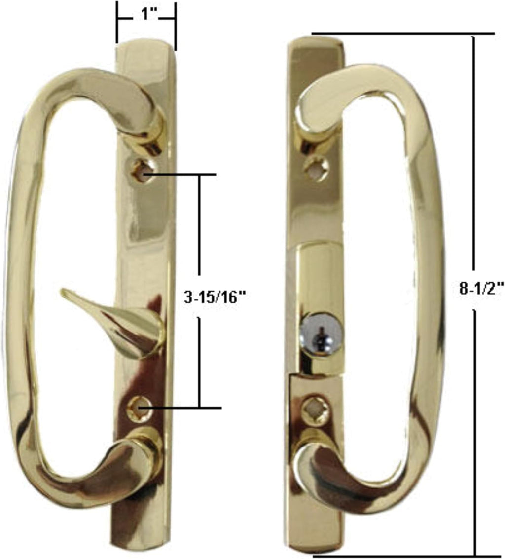 8.5' Legacy Sliding Patio Glass Door Offset Latch Diecast Plated Gold Handle Set Replacement with Keys - Sash Controls 2265 Keyed Lock - Fits 3-15/16' Hole Spacing + 1-1/4' to 2-1/4' Door Thickness