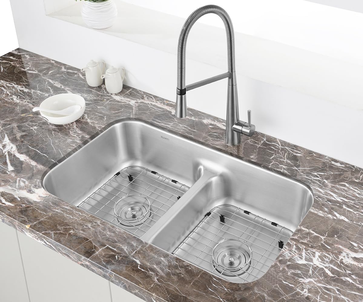 Ruvati 32-inch Undermount Kitchen Sink – 50/50 Double Bowl Kitchen Sinks, 16 Gauge T-304 Stainless Steel Kitchen sink with Brushed Finish hides scratches – RVM4350