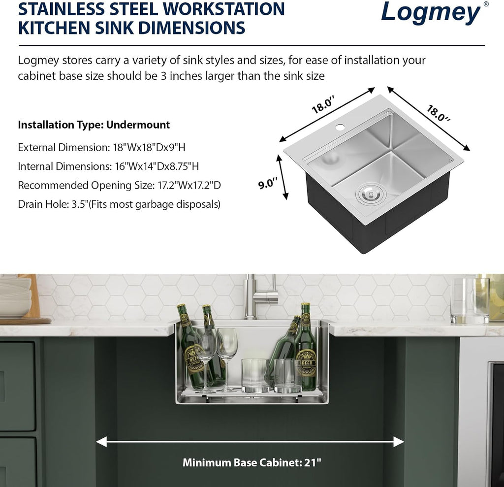 Logmey 18' Square Drop in Bar Sink,16 Gauge Heavy Duty Stainless Steel 18x18x9 Workstation Sink with Anti-Condensation & Noise Reduction for Kitchen Prep,RV,Wet Bar & Outdoor