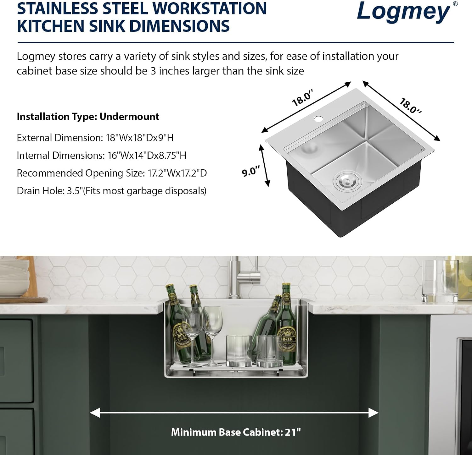 Logmey 18' Square Drop in Bar Sink,16 Gauge Heavy Duty Stainless Steel 18x18x9 Workstation Sink with Anti-Condensation & Noise Reduction for Kitchen Prep,RV,Wet Bar & Outdoor