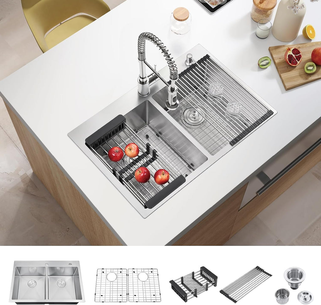 ATTOP 33 Inch Large Double Bowls Drop in Kitchen Sink,Nano Coating Stainless Steel Handmade Topmount Kitchen Sink