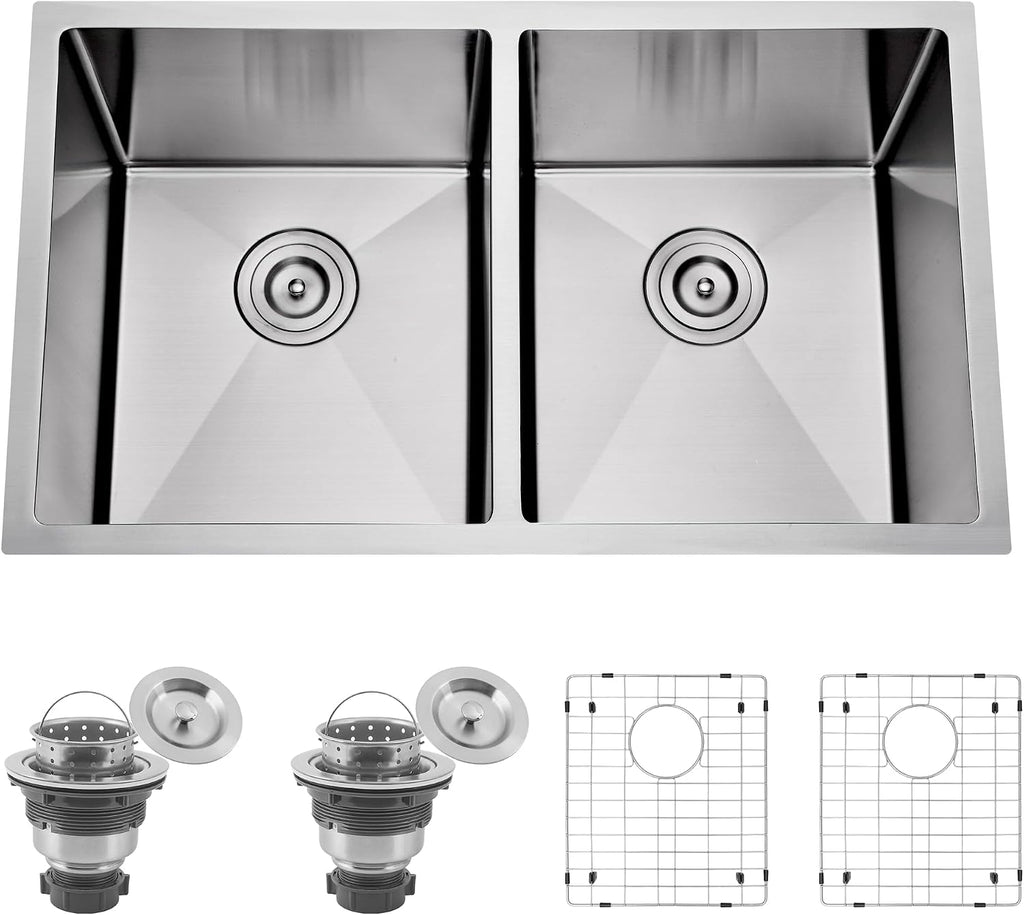 32 Inch Undermount 50/50 Double Bowl Kitchen Sink, 16 Gauge 304 Stainless Steel Handmade Large Capacity Deep Kitchen Sinks, Strainer and Grid Included, 32' x 19' x 10'