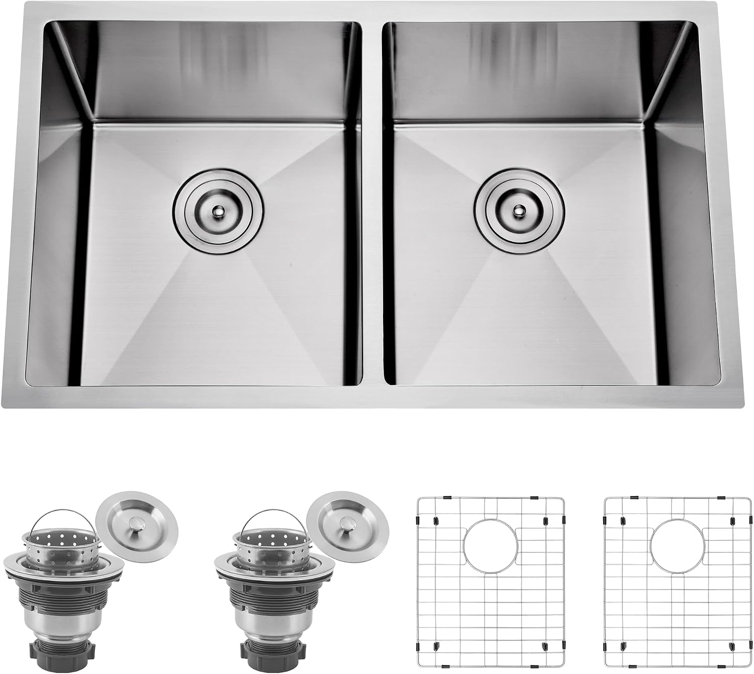 32 Inch Undermount 50/50 Double Bowl Kitchen Sink, 16 Gauge 304 Stainless Steel Handmade Large Capacity Deep Kitchen Sinks, Strainer and Grid Included, 32' x 19' x 10'