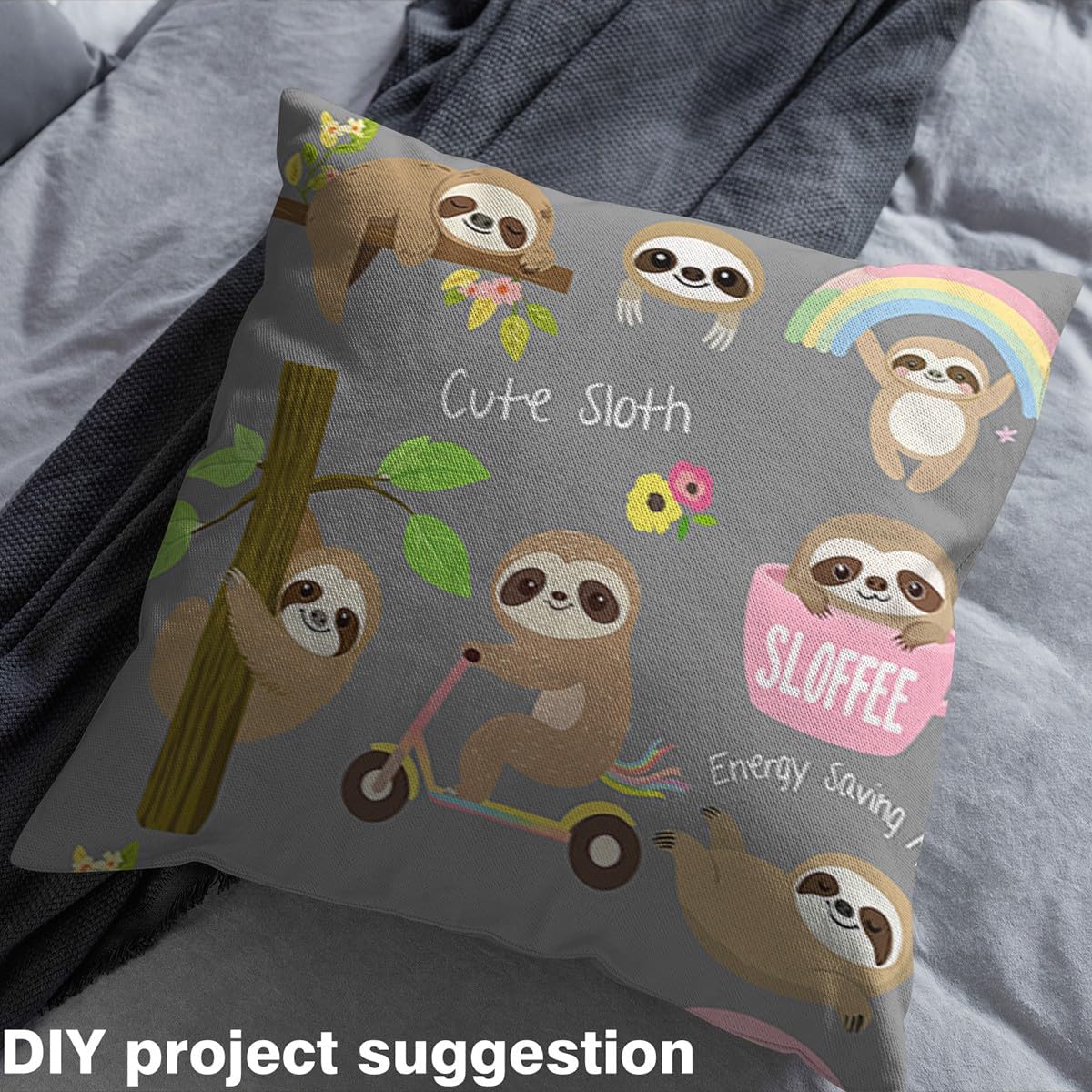 Feelyou Sloth Fabric by The Yard, Cute Cartoon Zoo Animal Upholstery Fabric for Chairs, Sloth Rainbow Print Decorative Waterproof Outdoor Fabric, 10 Yards, Gray