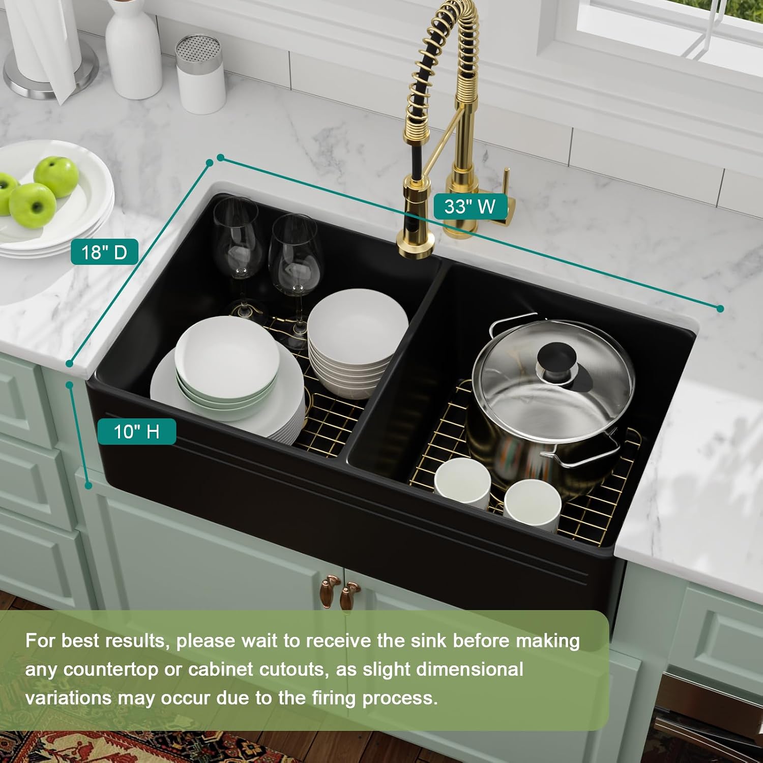33' Black Ceramic Porcelain Kitchen Sinks, Apron Front Farmhouse Sink with Gold Accessories, Deep Double Bowl Sink for Farm Barn Basin, 33'x18'x10'