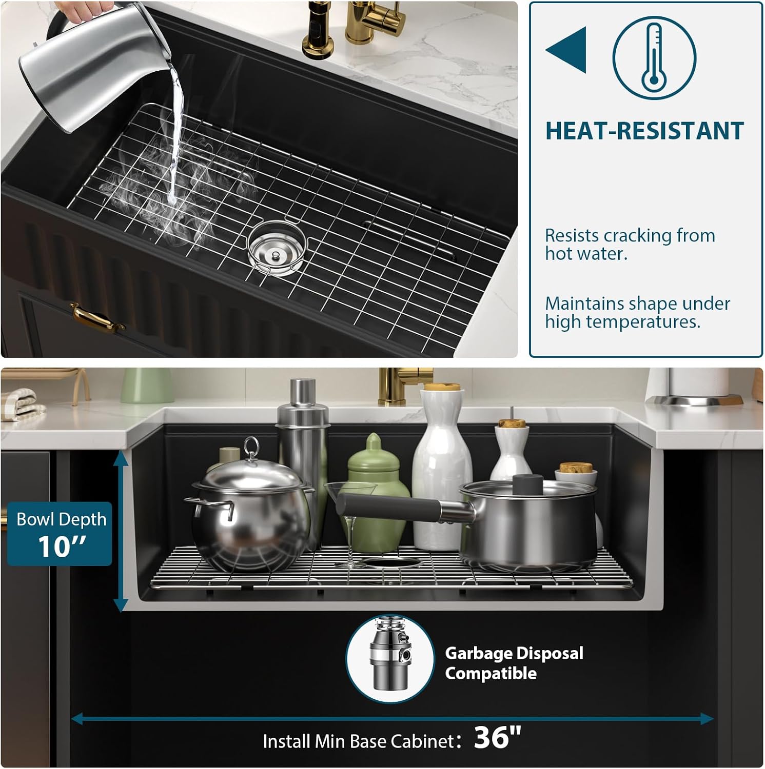 33 Inch Black Farmhouse Sink 33x20x10 Black Fireclay Apron Front Kitchen Sink Single 10 Inch Deep Ceramic Farm Farmer Style Workstation Basin