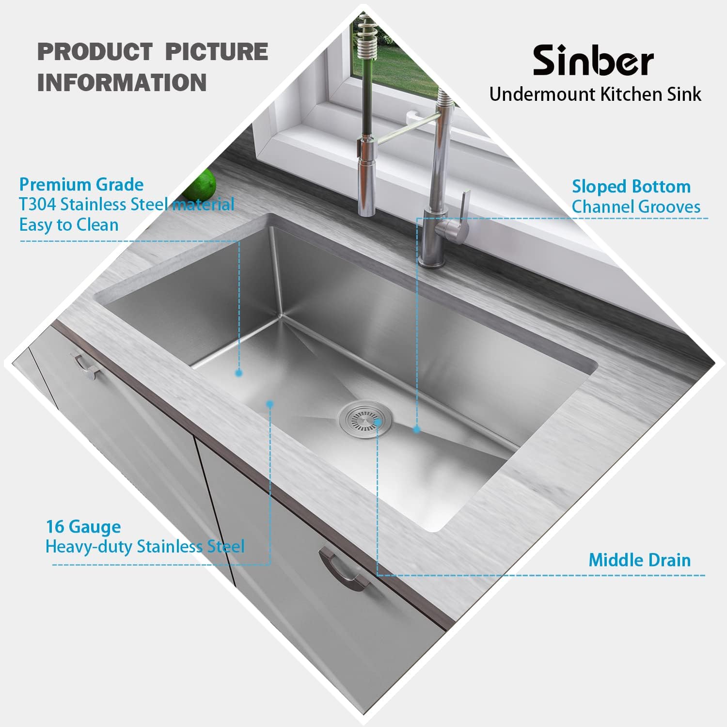 Sinber HU3219S-16G 32' x 19' x 10' Undermount Single Bowl Kitchen Sink with 16 Gauge 304 Stainless Steel Satin Finish (Sink Only)