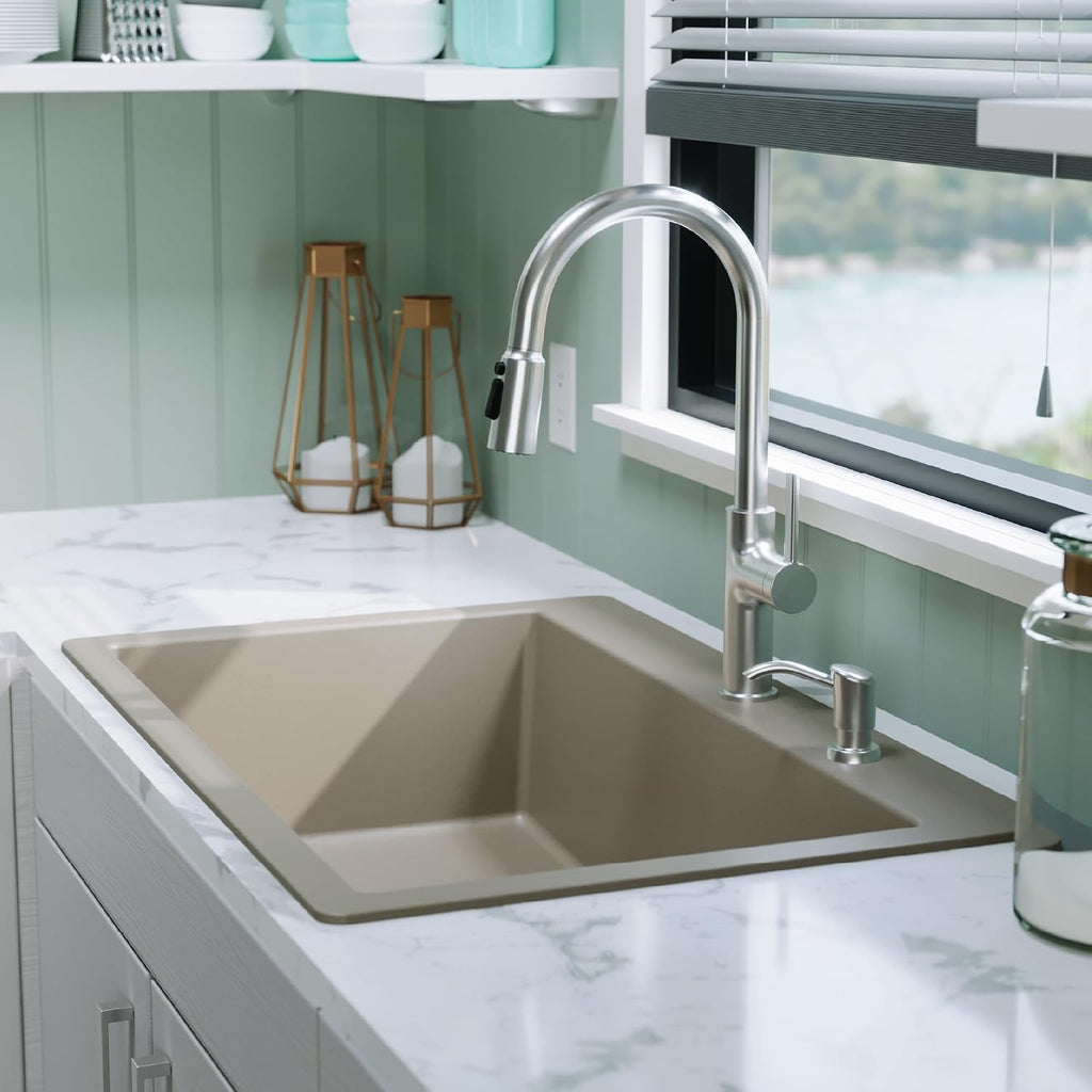 Karran 33' Drop-In Top Mount Quartz Composite Single Bowl Kitchen Sink in Concrete – Extra Deep 9' Basin, Heat Resistant, Sound Dampening, Easy Clean Surface