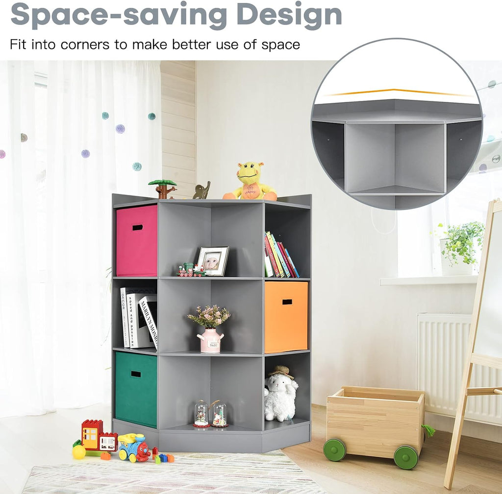 Costzon 9-Cubby Kids Bookcase with Extra Large Storage Baskets, Multi-Bin Children's Organizer Shelf with 6 Cubes and 3 Shelves, Wooden Storage Sideboard Suitable for Playroom, Decor Room (Gray)