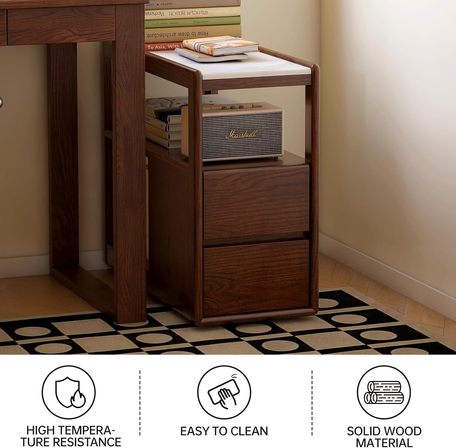 100% Solid Wood Side Table with Storage, Narrow End Table with 2 Drawers, Slim Nightstand and Small Bedside Table with Wheels for Living Room Kitchen Bedroom(Walnut, 15.75' D x 26.77' W x 21.65' H)