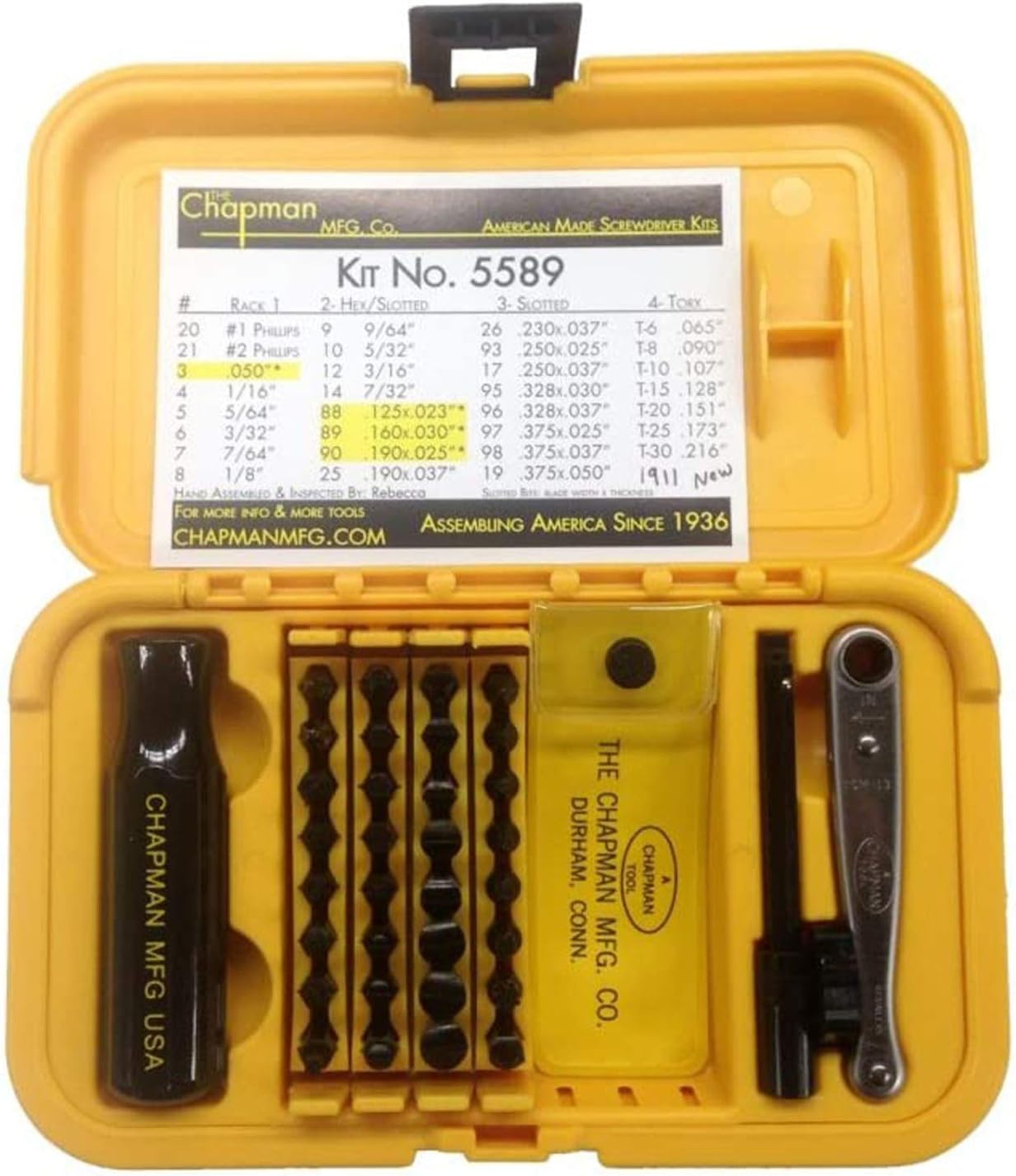 Chapman MFG 5589 Ultimate Gunsmith Screwdriver Set - Slotted, SAE Hex, Phillips, Grip Screw & Star Bits (Fit Torx Screws) - 32 USA Made Bits + Mini Ratchet, Screwdriver Handle, Spinner & Extension