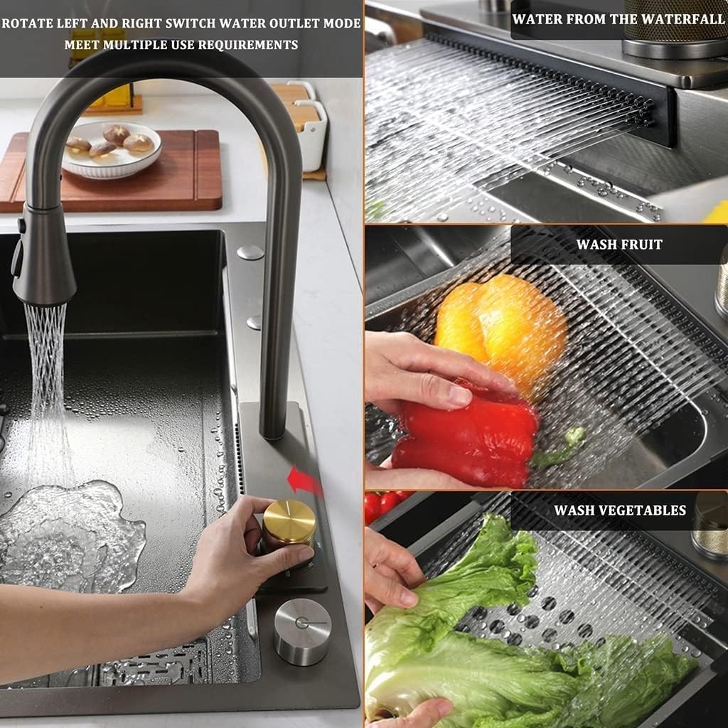 Waterfall Kitchen Sink Home Sink Vegetable Basin With Pull-Out Faucet And Glass Rinser Versatile Stainless Steel Single-Bowl Kitchen Worksta (Color : Black, Size : 75x45x22cm) (Black 80x45x22cm)