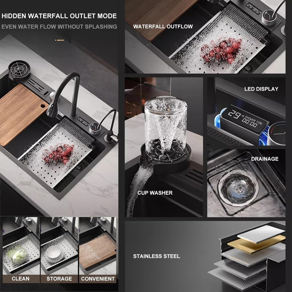 Waterfall Sink Stainless Steel Single-Bowl Kitchen Workstation Sink with Black-Grey Finish Waterfall Pull-Down Faucet and Complete Accessory Set (Color : Black, Size : 75x45x21cm) (Black 75x45x21