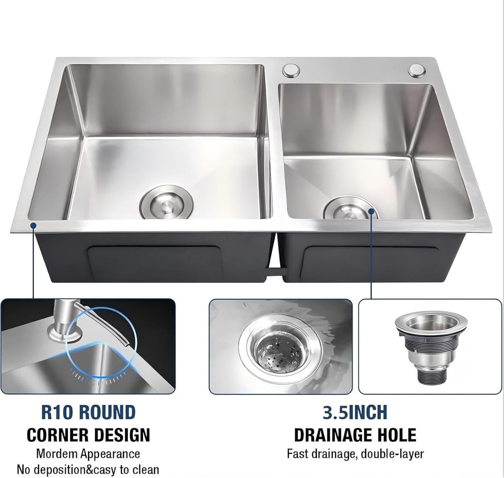 Modern Kitchen Sink Nano-Coated 30.7x16.9 Inch Stainless Steel Kitchen Sink, Drop in & Topmount Double Bowl Sinks with Drain&Fruit Baskets