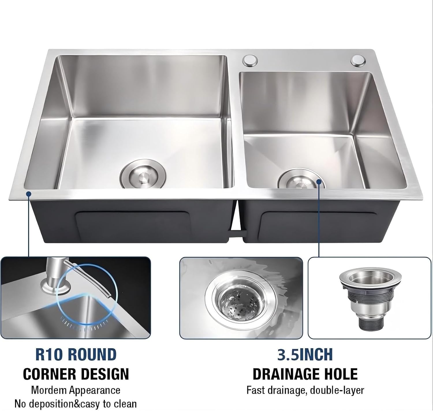 Modern Kitchen Sink Nano-Coated 30.7x16.9 Inch Stainless Steel Kitchen Sink, Drop in & Topmount Double Bowl Sinks with Drain&Fruit Baskets