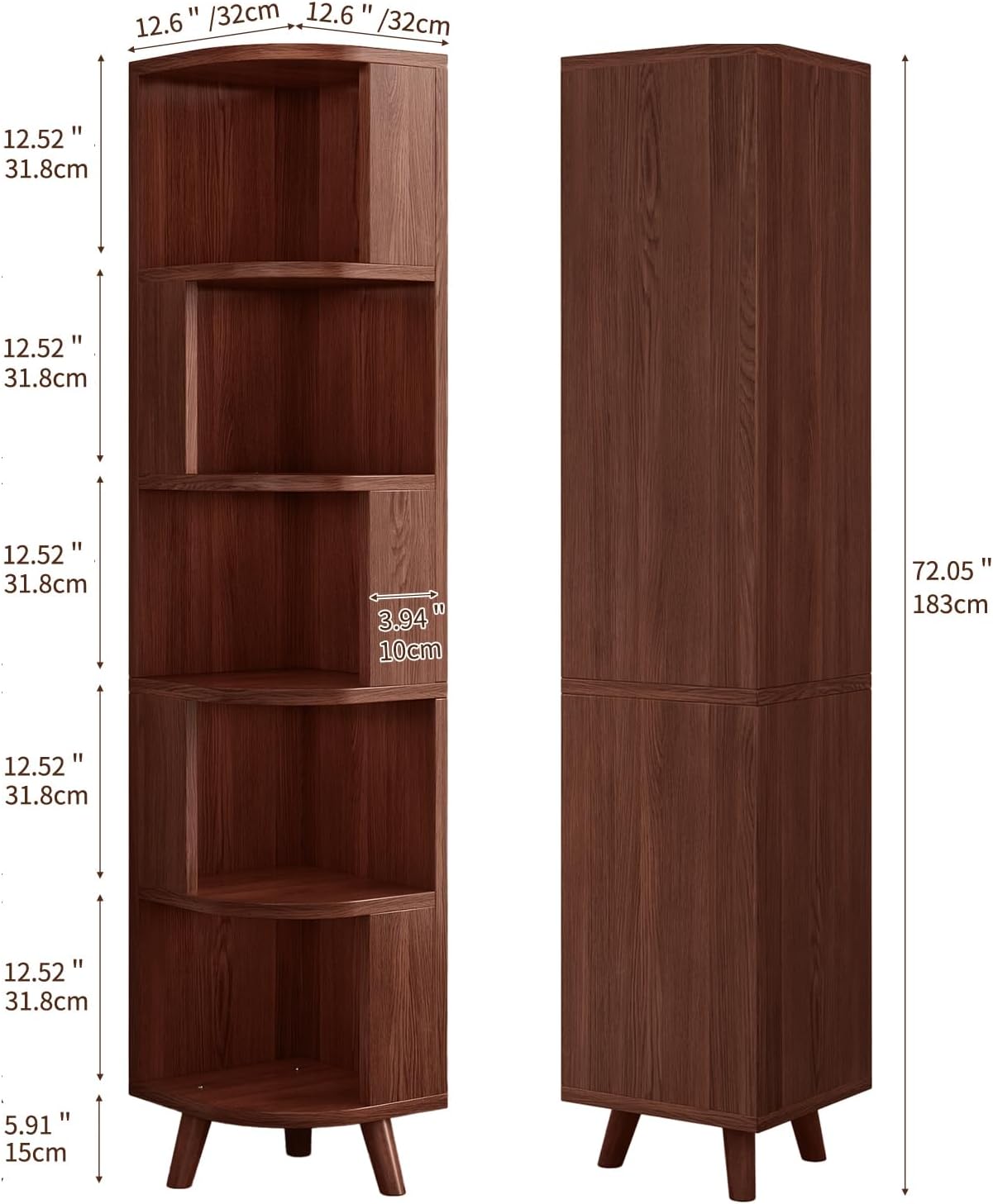 5-Tier Corner Shelf, Tall Modern Corner Bookshelf, 5 Shelf Corner Bookcase with Baffle, Freestanding Wood Corner Display Storage Shelf Organizer for Living Room, Office (Walnut)