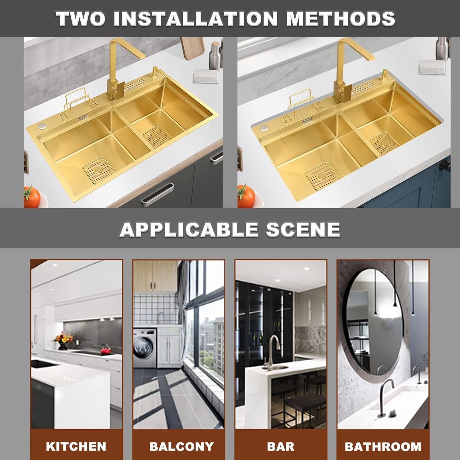 304 Stainless Steel Ro Kitchen Sink Gold Double Bowl Bar Prep Sink Multi-Purpose RV Sink with Faucet and Drain Assembly Drop in Or Under Mount (Color : Gold-b, Size : 82x46x24cm)