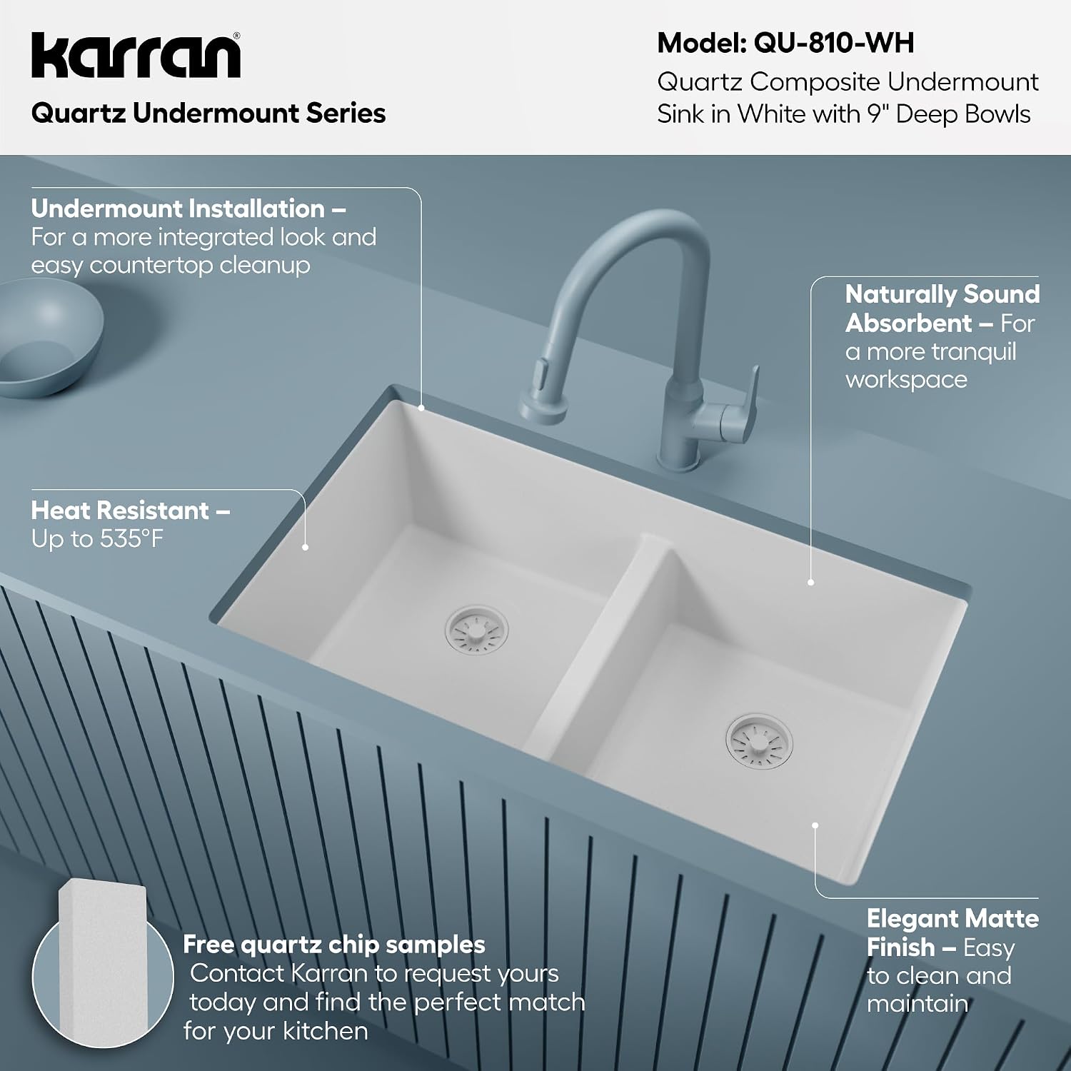 Karran 32' White Quartz Composite Undermount Double Bowl Kitchen Sink with Low Divider – 50/50 Equal Bowl, 535°F Heat Resistant, Sound Dampening, QU-810