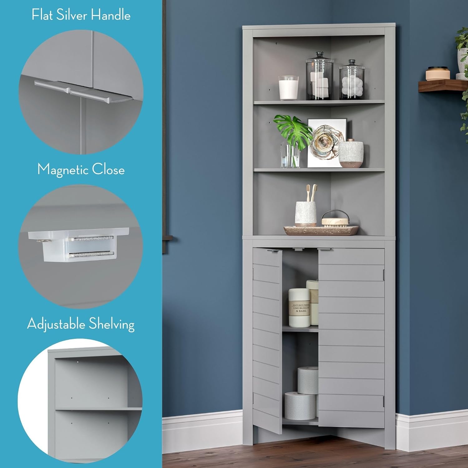 RiverRidge Madison Bathroom Corner Storage Cabinet with Open Shelves and Cupboard Tall Corner Storage Gray Bathroom Furniture Curio Cabinet
