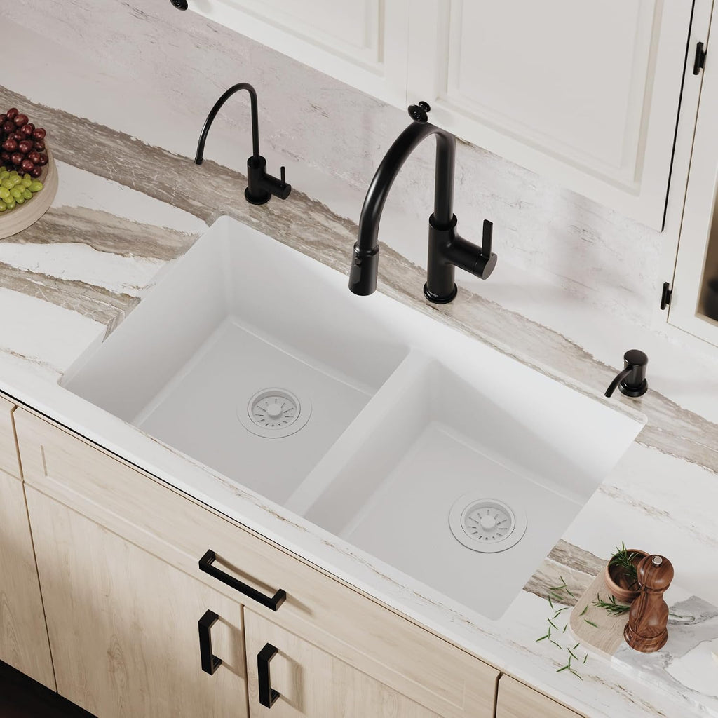 Karran 32' White Quartz Composite Undermount Double Bowl Kitchen Sink with Low Divider – 50/50 Equal Bowl, 535°F Heat Resistant, Sound Dampening, QU-810